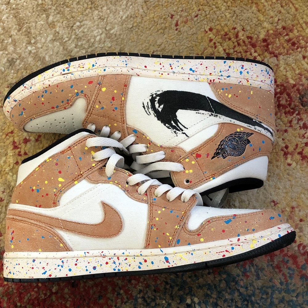 Nike Air Jordan 1 Mid White & Tan Suede with Multicolor Paint Splatter - Picture 2 of 7